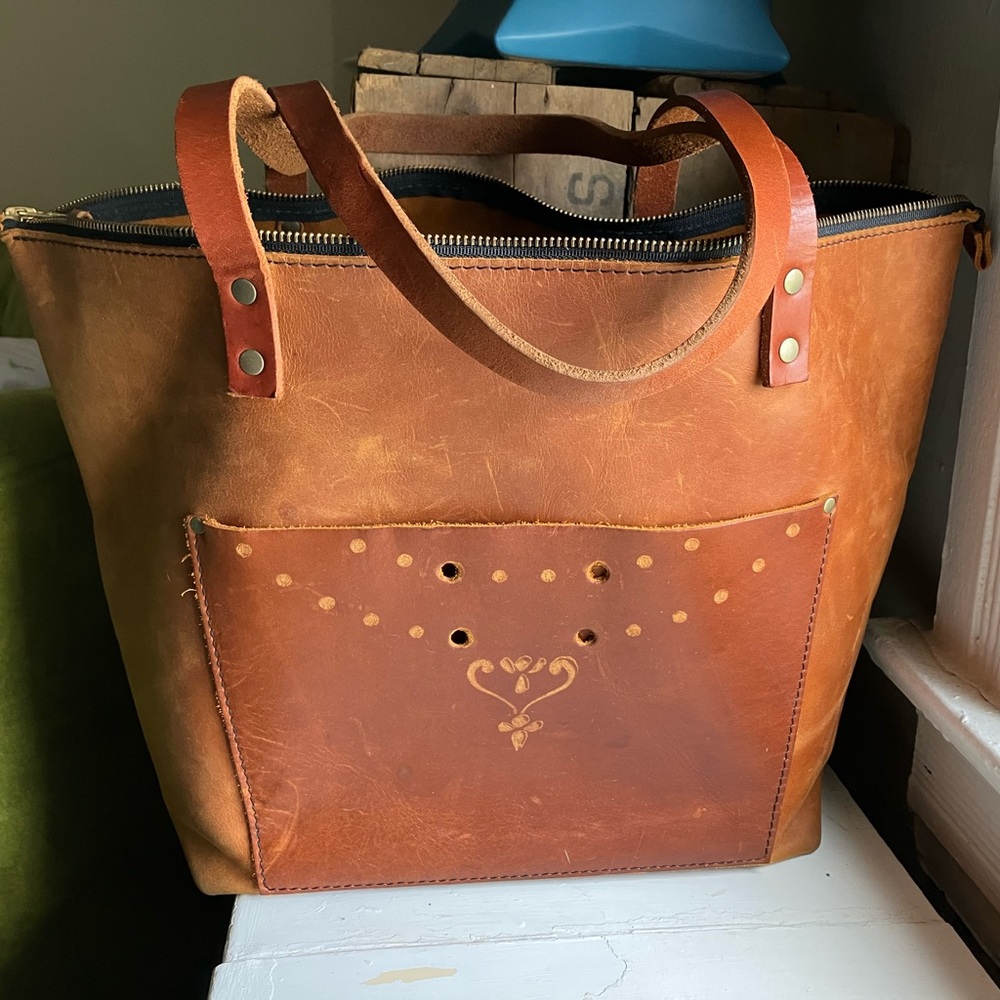 OG MOAB Portland Leather Goods Large zippered tote tan handles MODIFIED CUSTOM